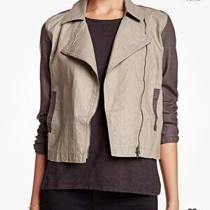 Eileen Fisher Coated Organic Linen Stone Asymmetric Zip Moto Jacket